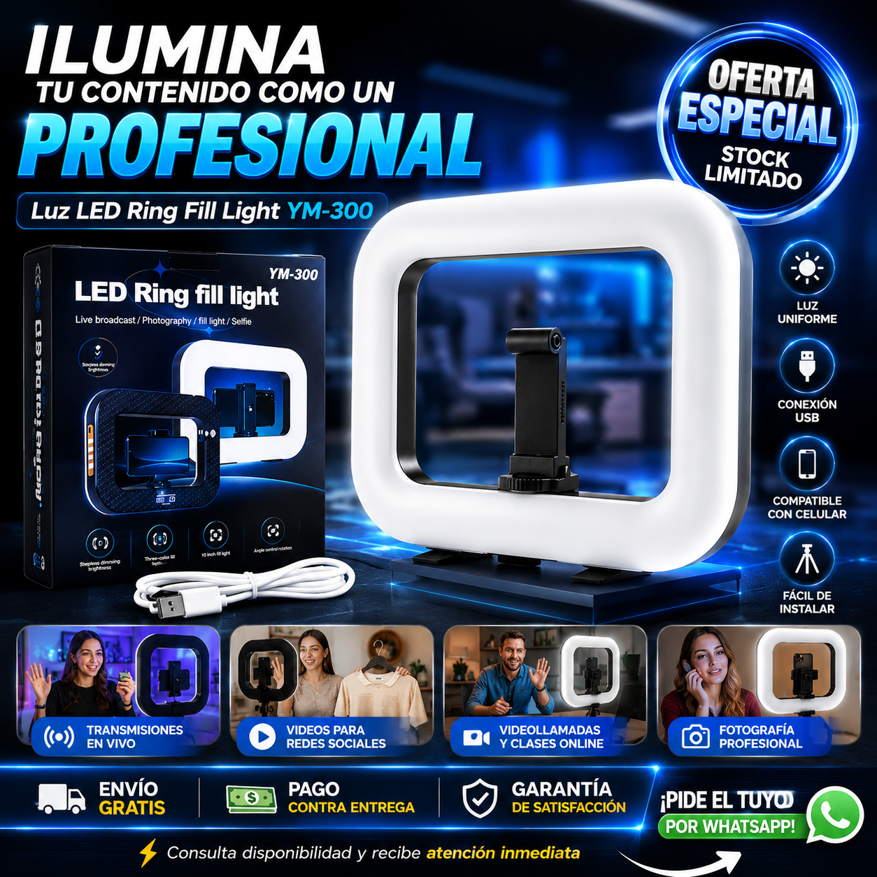 💙ESPECTACULAR ARO DE LUZ RECARGABLE YM300 CON TRIPODE💙