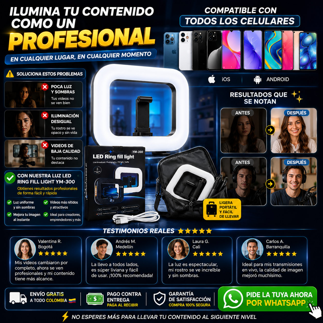 💙ESPECTACULAR ARO DE LUZ RECARGABLE YM300 CON TRIPODE💙