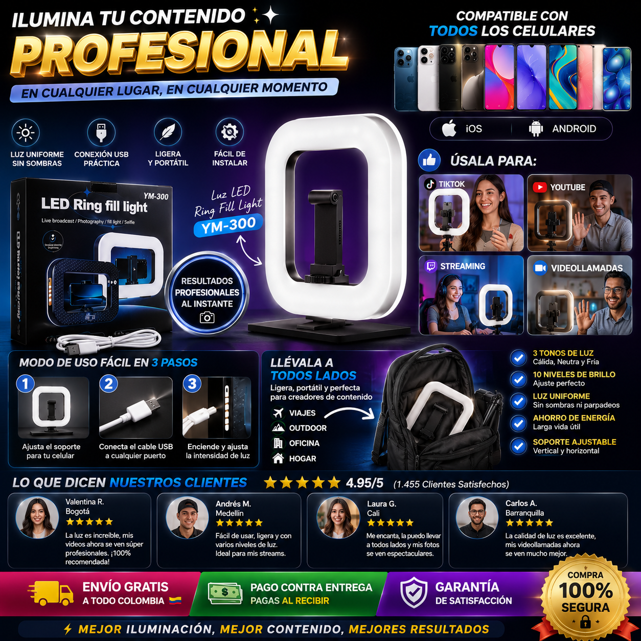 💙ESPECTACULAR ARO DE LUZ RECARGABLE YM300 CON TRIPODE💙