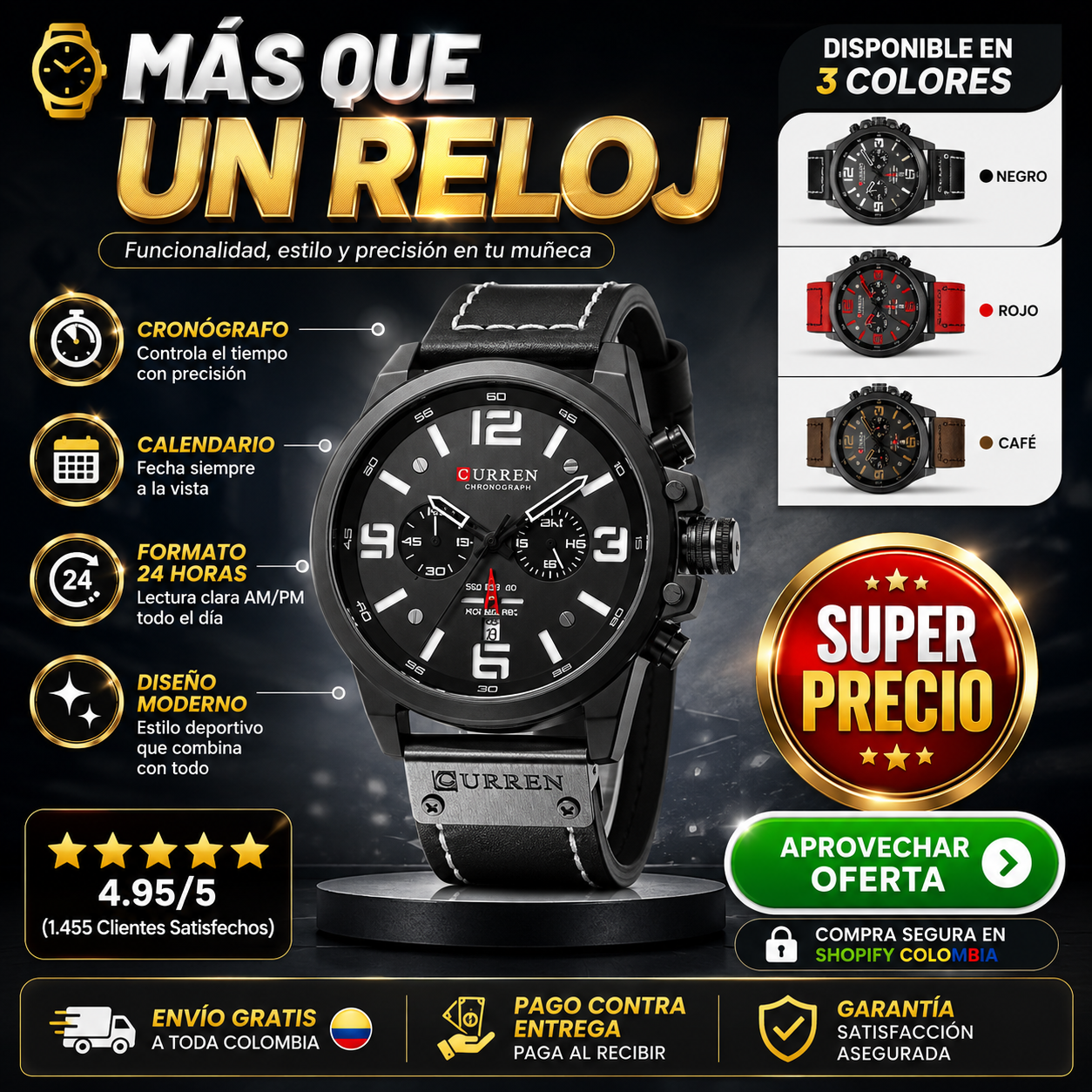 ⌚Reloj Curren 8314 Negro Hombre ⌚